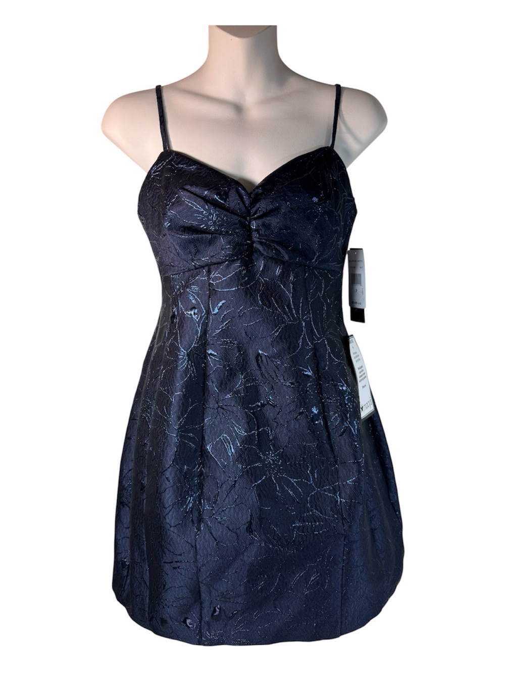Navy Blue Metallic Floral Jacquard Spaghetti Strap Mini Dress 3 Blondie Nites